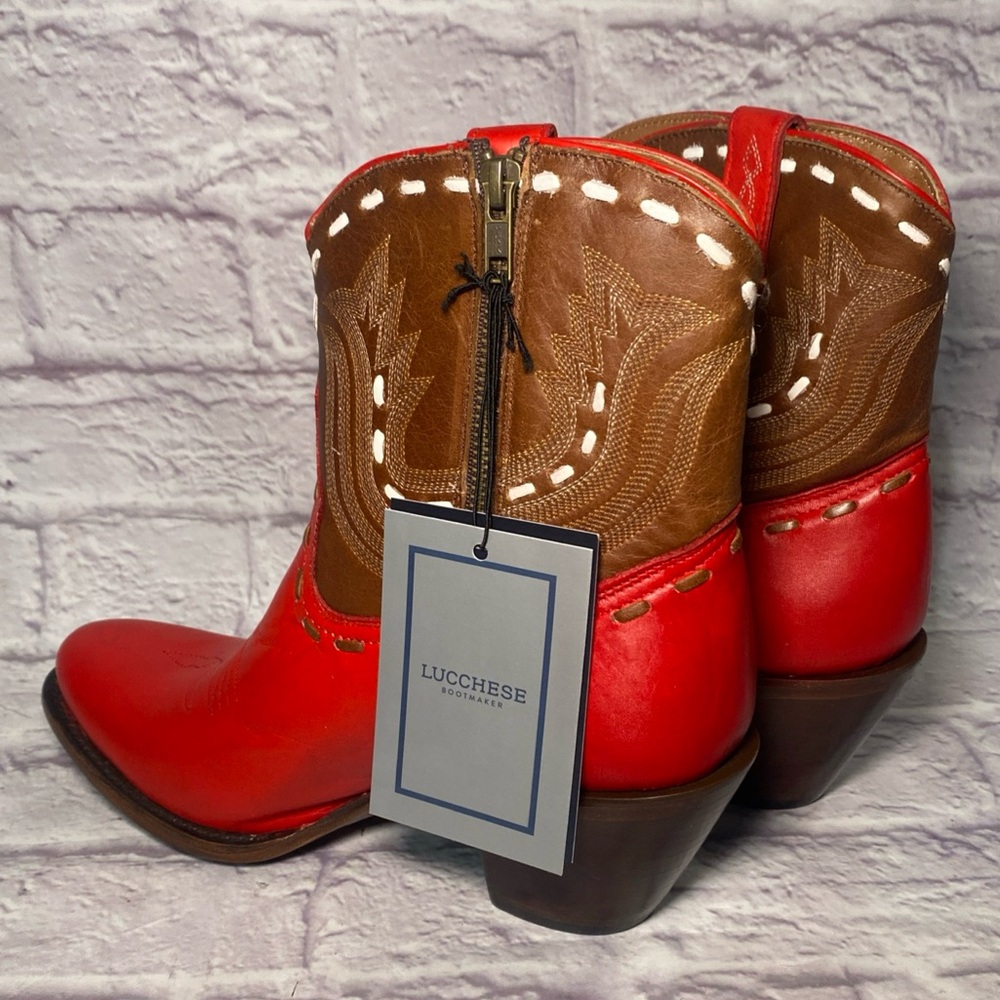 LUCCHESE Women’s Red Cognac Side Zip Western Leather Round Toe Boots Size 9